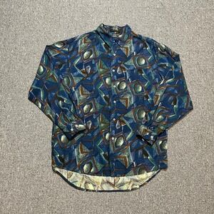 Vintage Stefano Button Up Shirt XL Blue Geometric Abstract Rayon 90s Mens